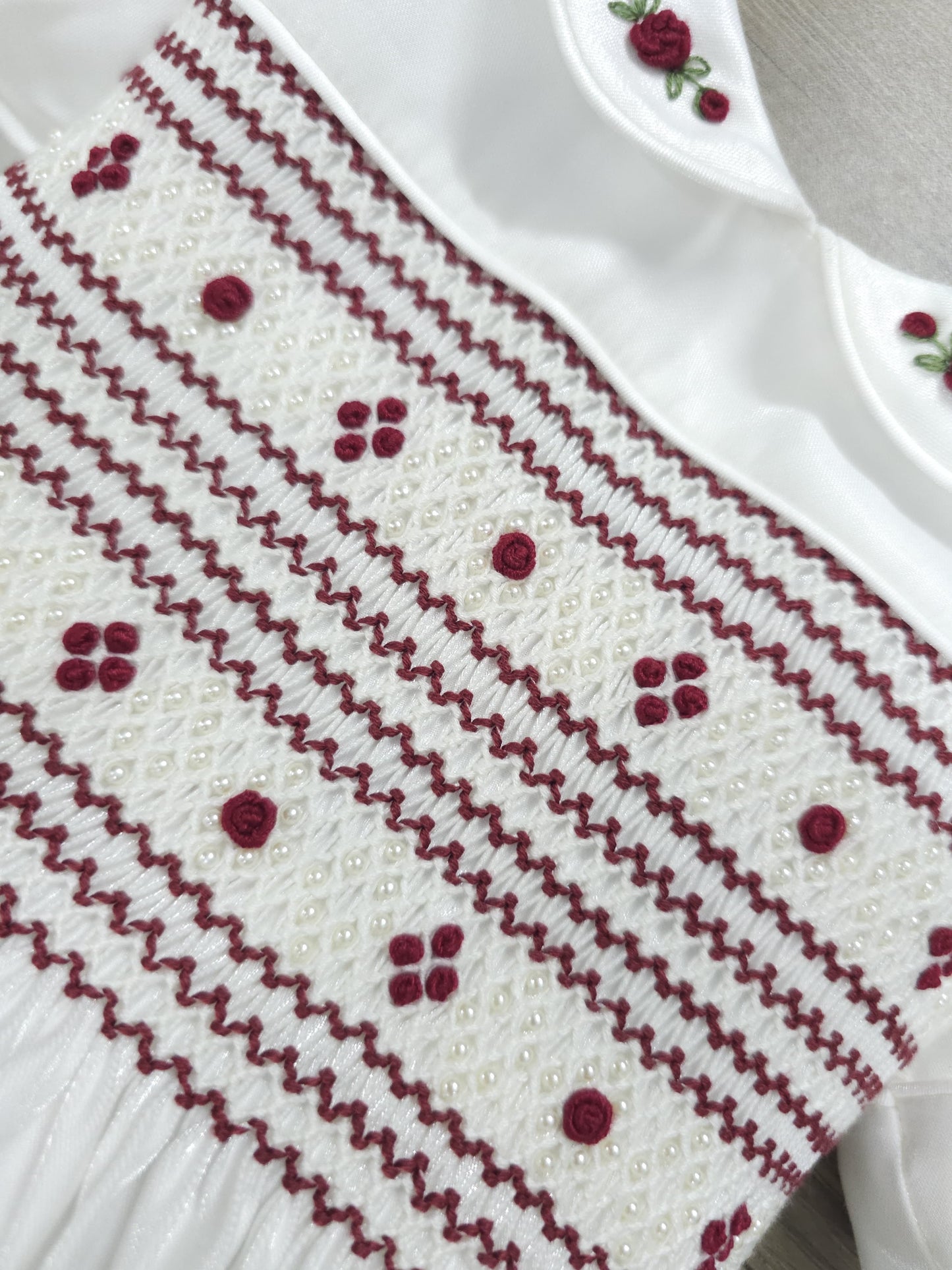 White with burgandy smocking and pearls PRE ORDER HERE IN 3 WEEKS