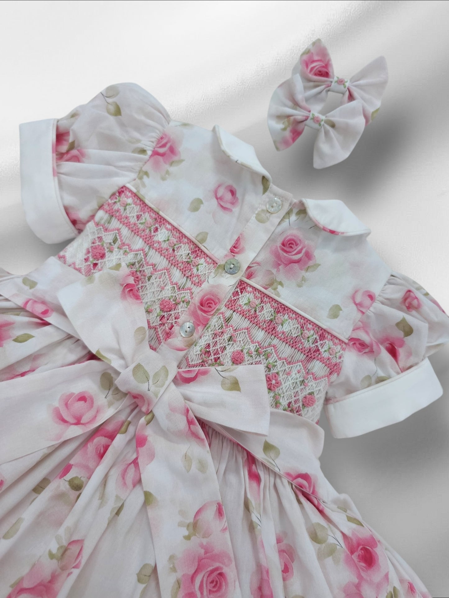 White rose floral smocked back and front