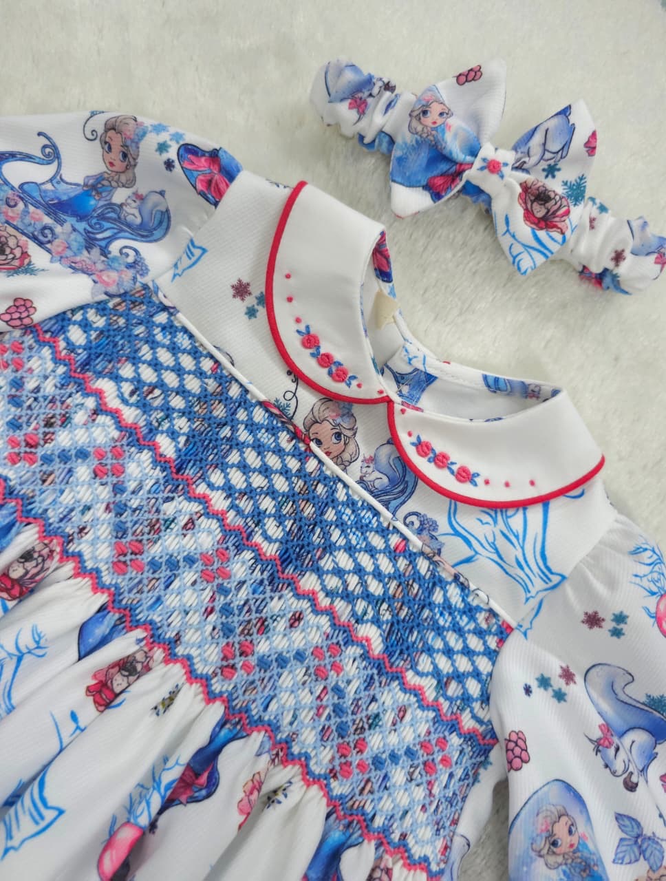 Elsa frozen hand smocked long sleeve romper