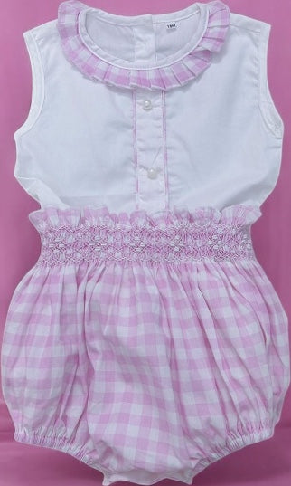 Girls pink and white checkered romper with smocked waistband
