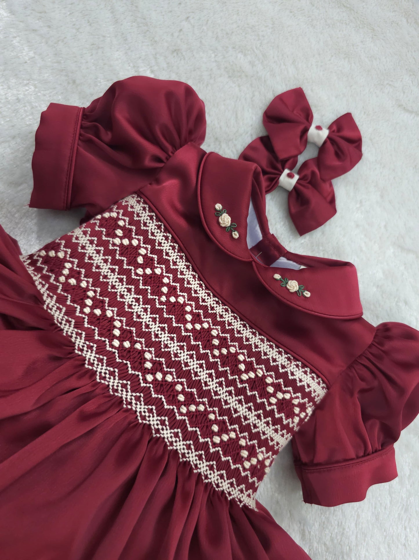 Burgandy with cream smocking PRE ORDER HERE IN 3 WEEKS