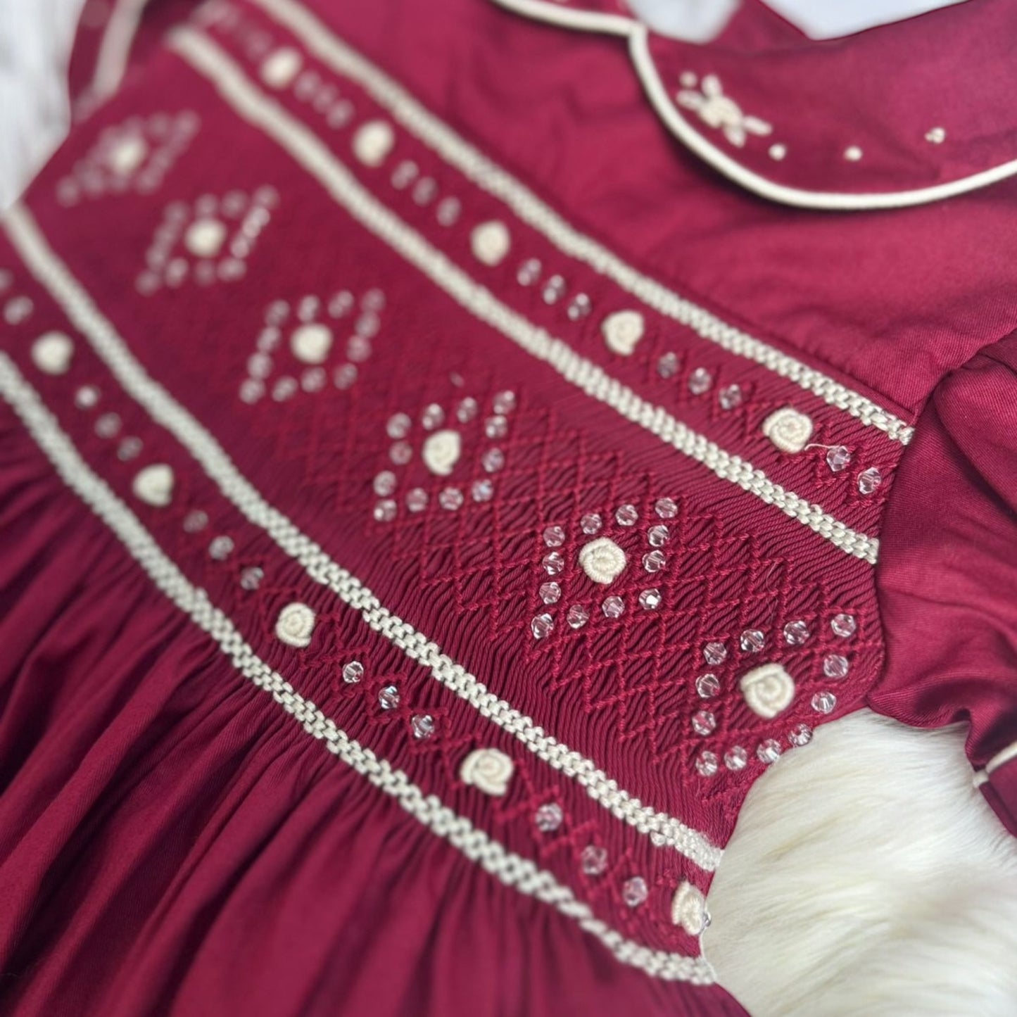 Burgandy and cream smocked dress ( got matching boys suit available )