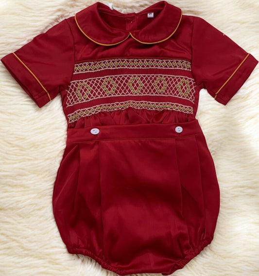 Boys red satin suit with gold smocking ( got matching dress available )