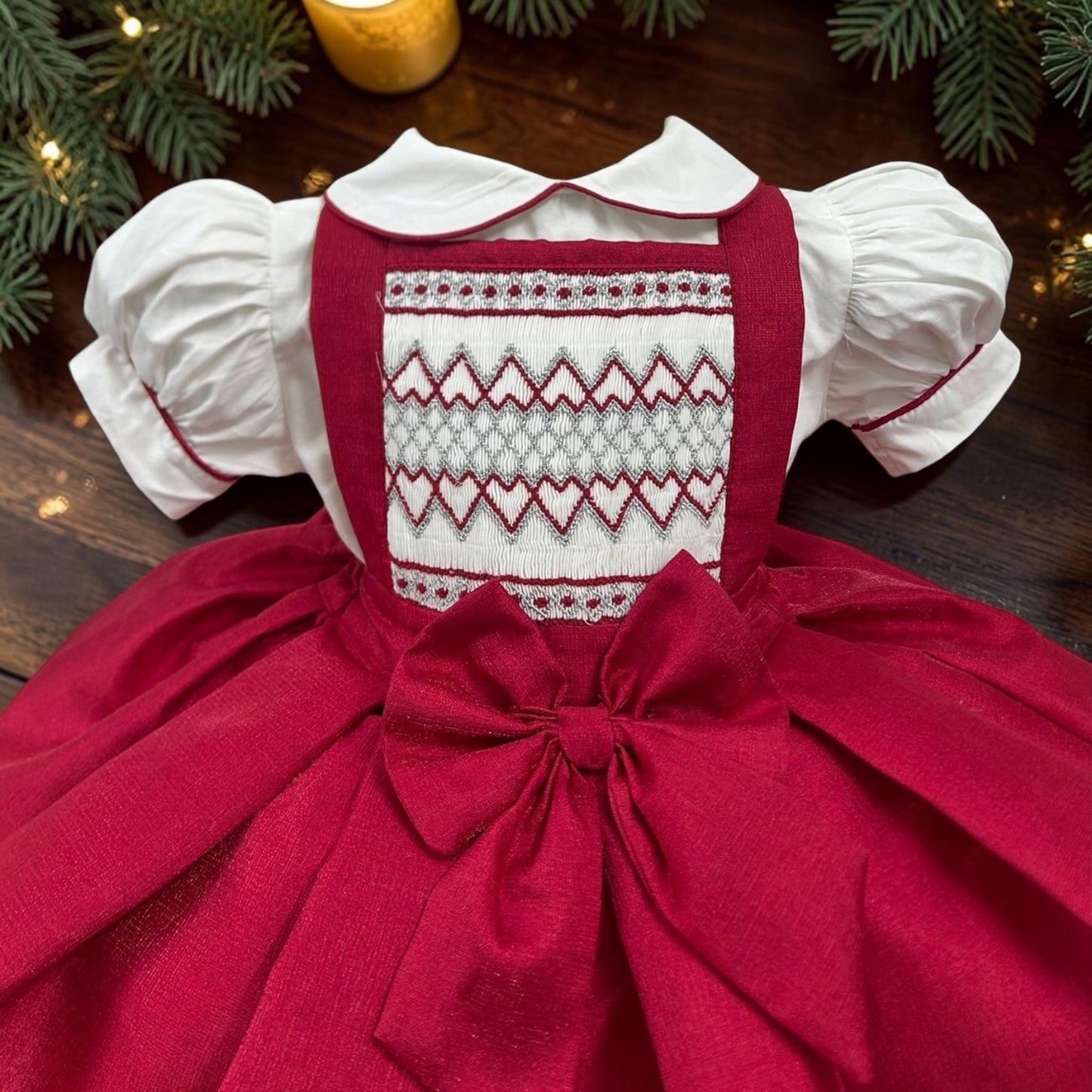 Red and silver taffeta Christmas pinafore