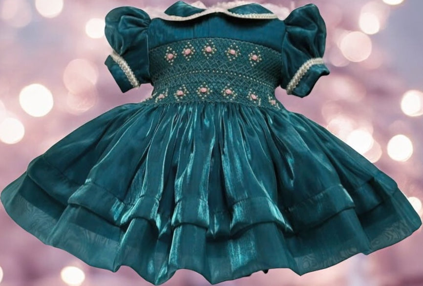 Emerald Green Silk organza with pearls