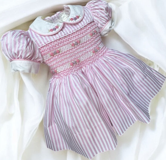 Pink and white stripe with pink and lilac smocking