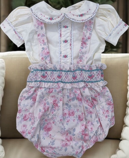 Girls floral romper with smocked waistband and cream shirt ( got matching dress available?