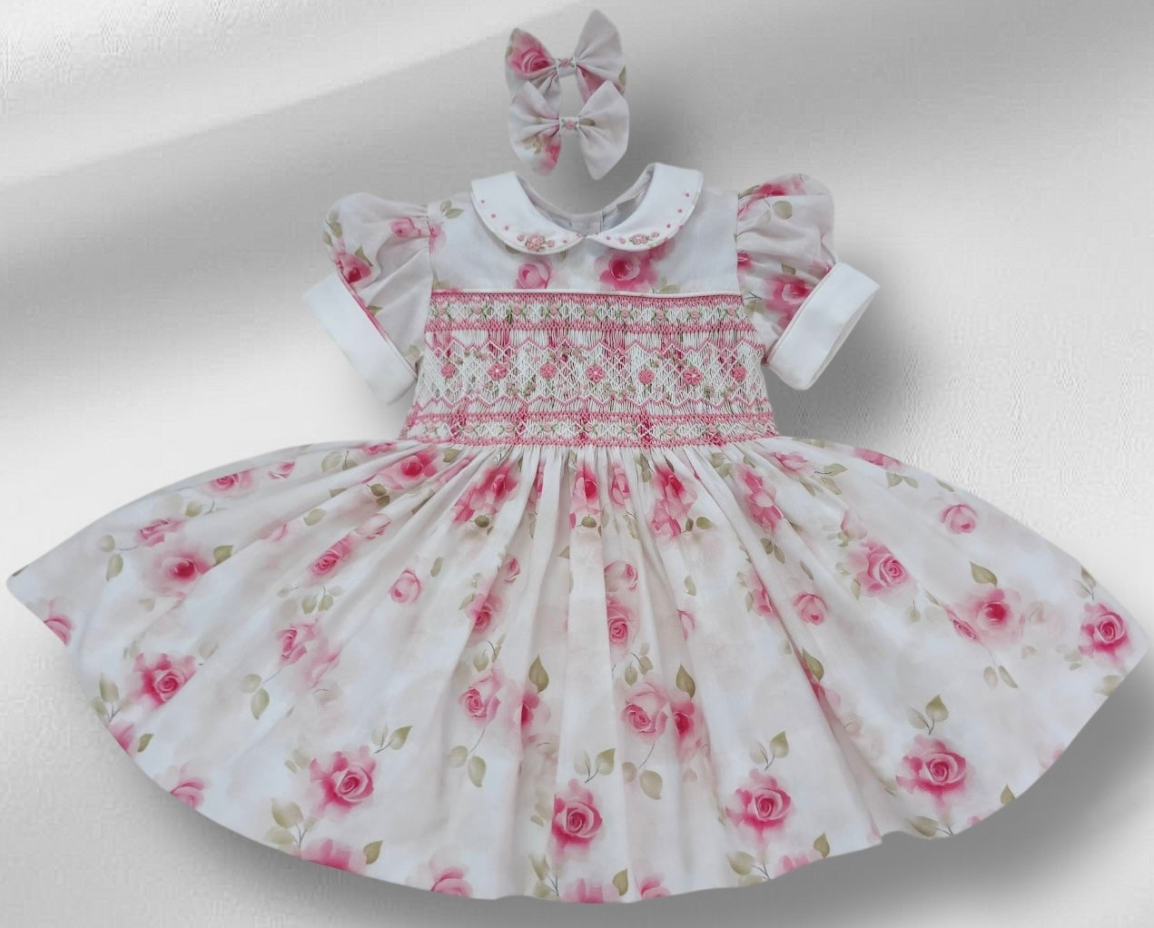 White rose floral smocked back and front