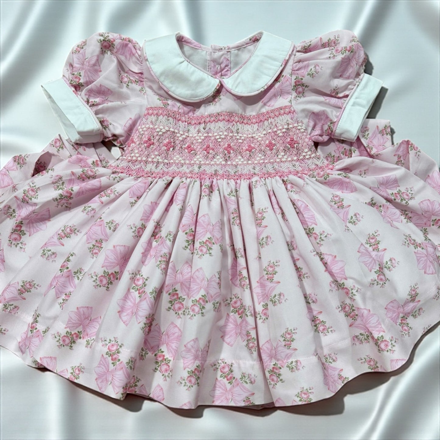 Pink floral & bow smocked dress