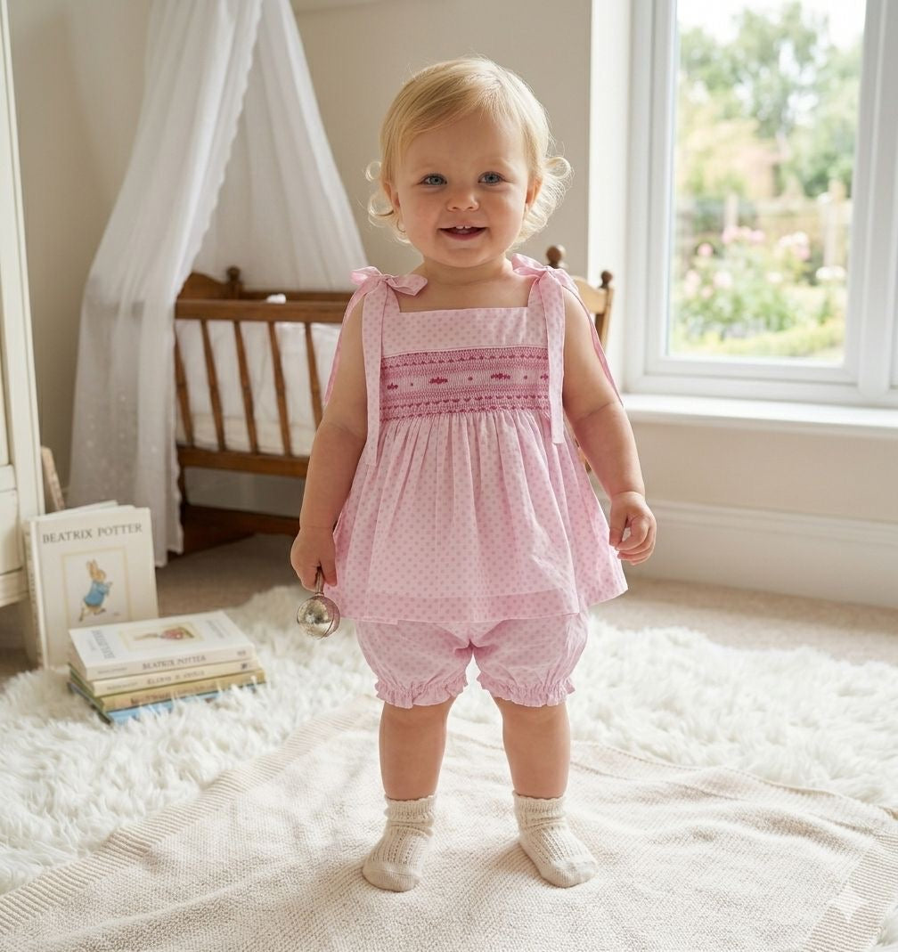 Baby pink love heart hand smocked summer set - Bloomer shorts & vest top