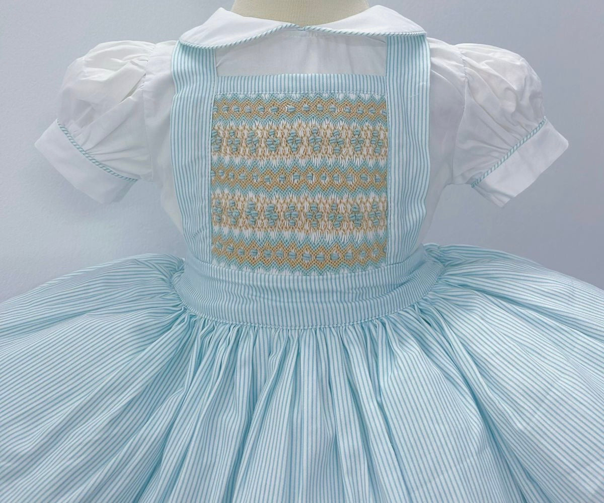 Blue stripe with gold smocked pinafore dress ( got matching boys suit )