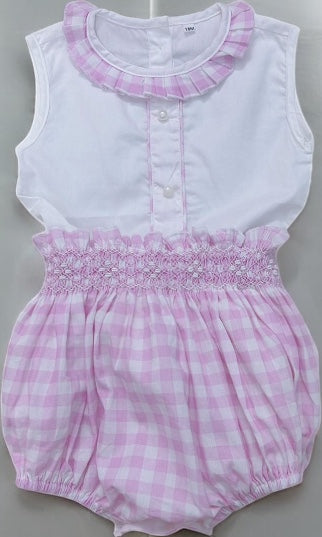 Girls pink and white checkered romper with smocked waistband