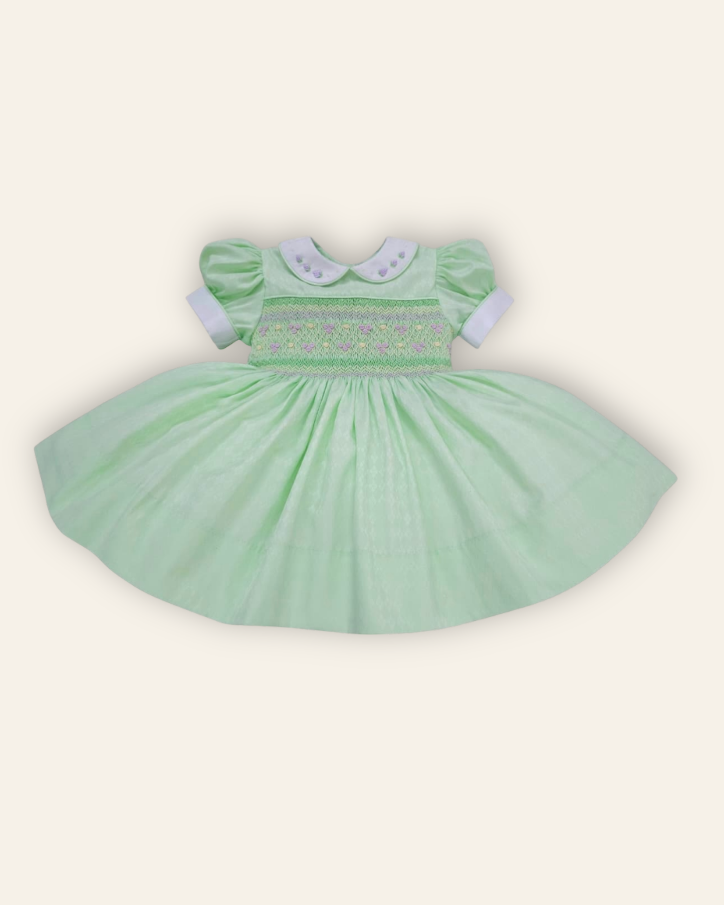 Pastel Lime Smocked Dress with Embroidered Chest & Collar