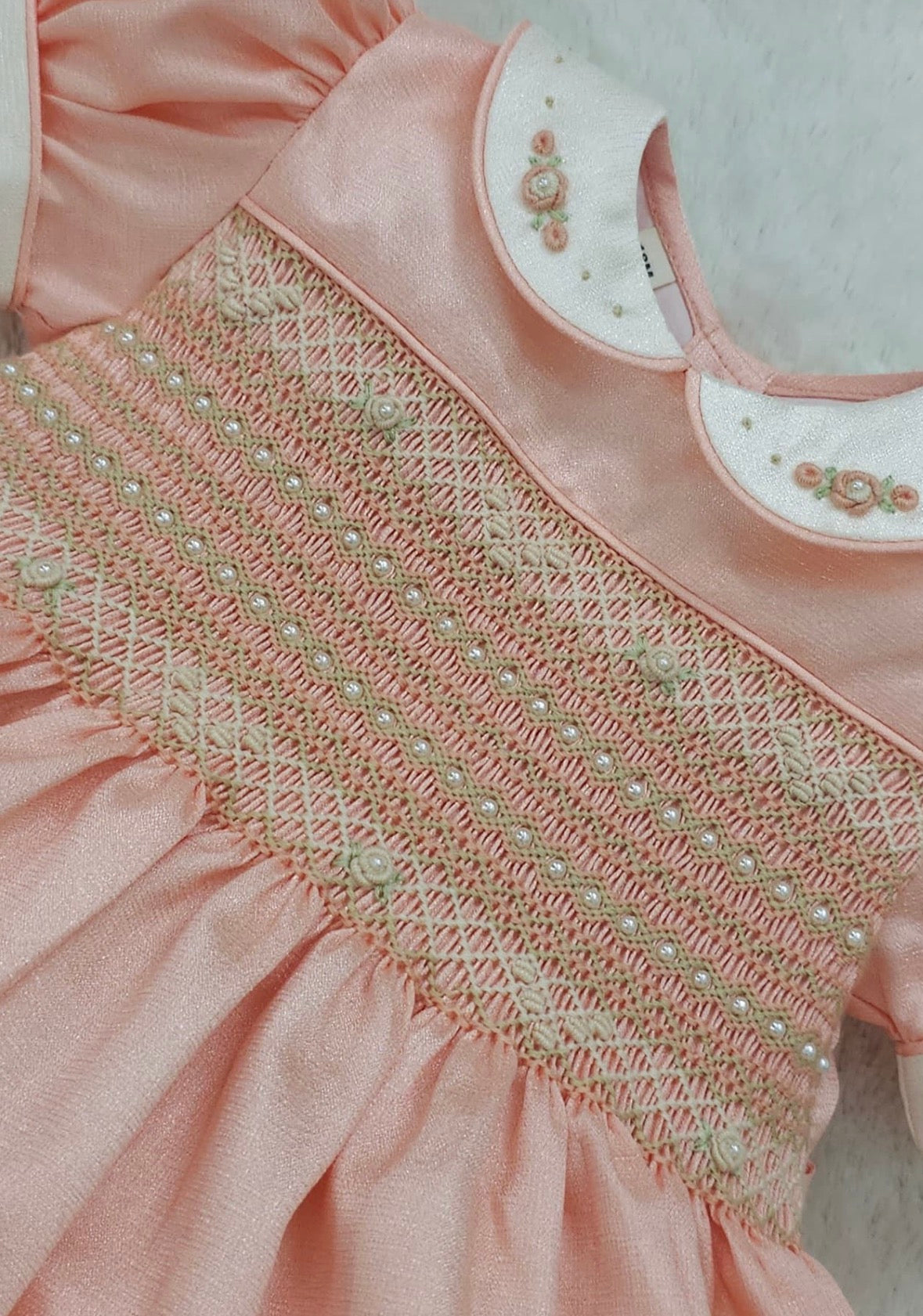 Peach taffeta shimmer smocked dress