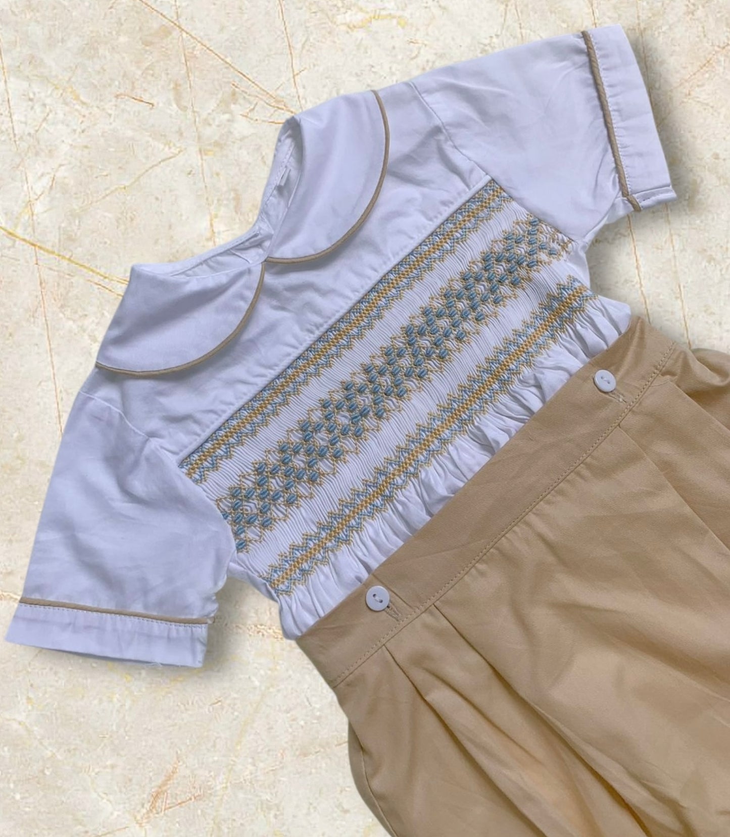 Tan with pastel blue smocking boys suit