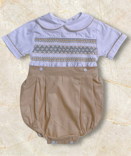 Tan with pastel blue smocking boys suit