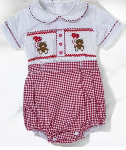Boys red checkered teddy bear smocked suit ( got matching girls romper and skirt set available )