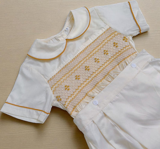 Cream boys suit with gold smocking ( got matching dress available)