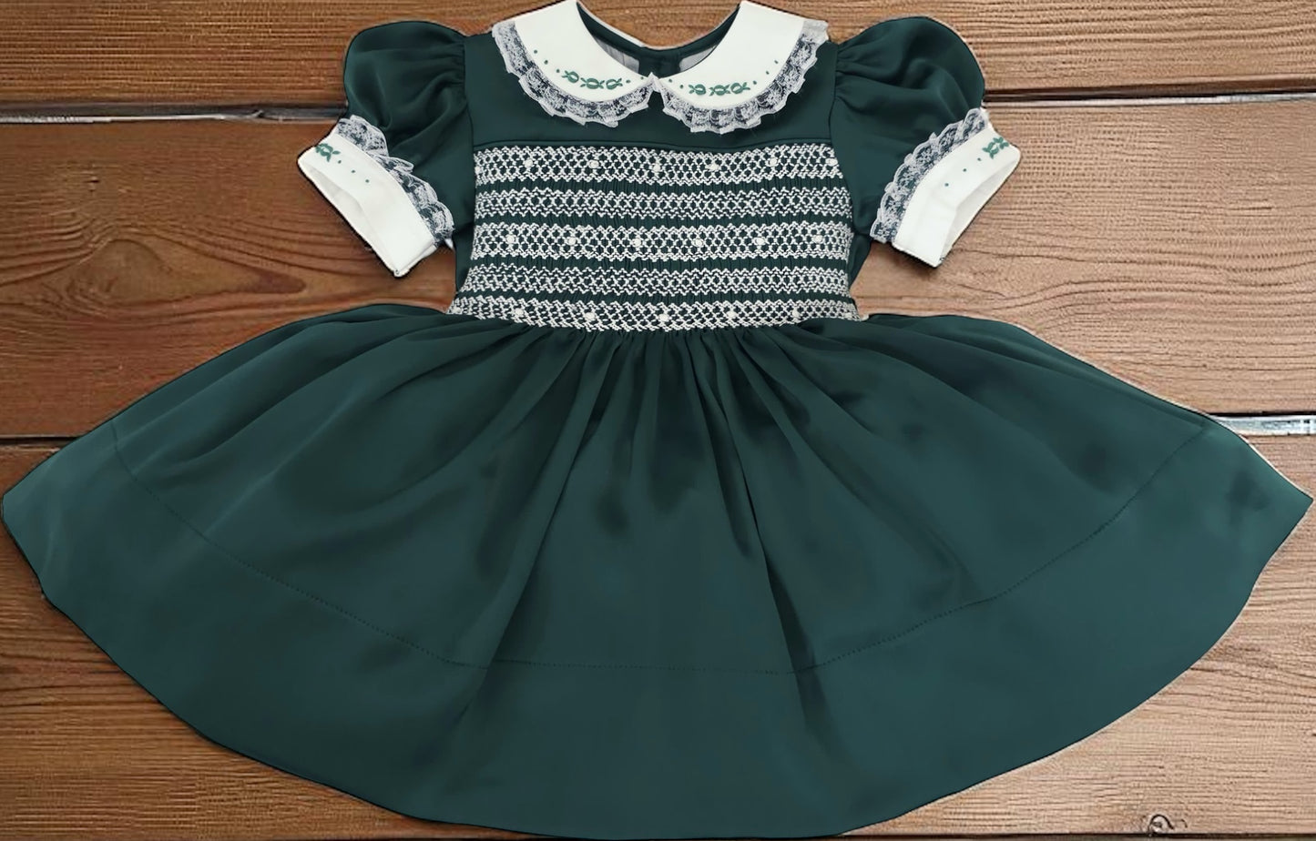 Green satin with white smocking