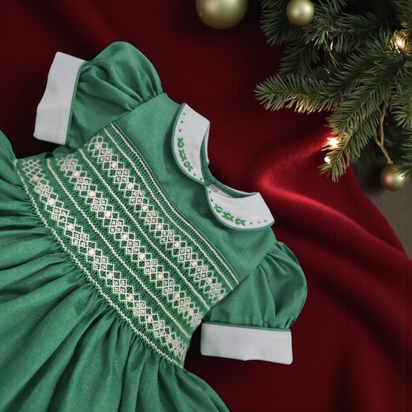 Green with cream smocking