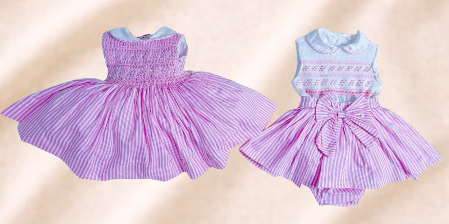 Pink stripe hand smocked sleeveless dress