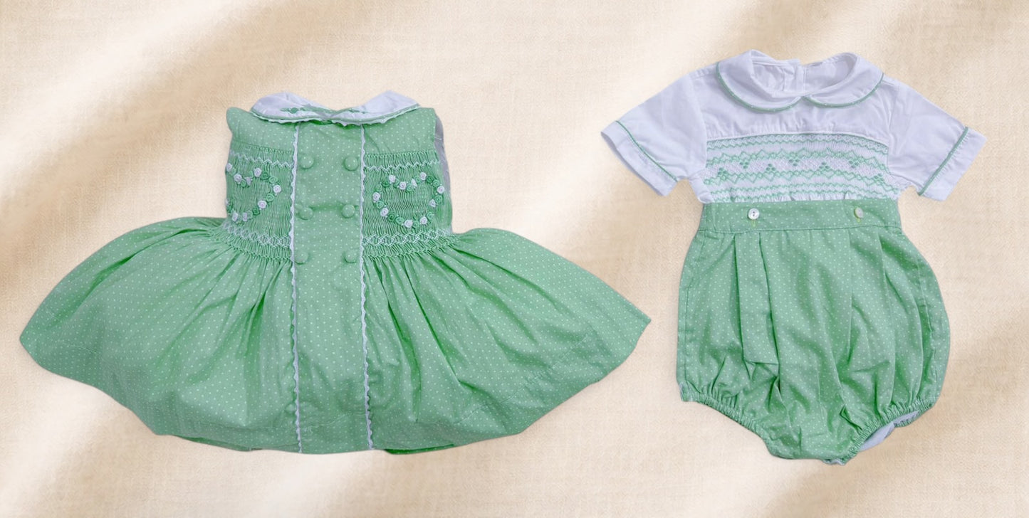 Green polkadot smocked boys suit
