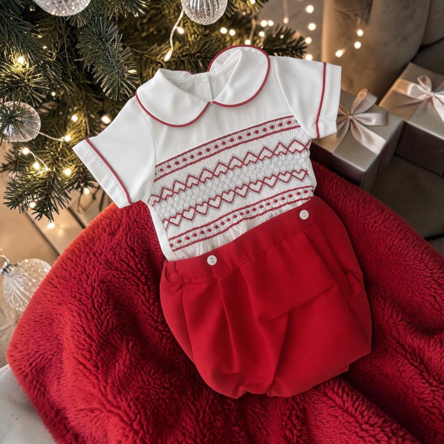 Boys red and silver taffeta smocked suit
