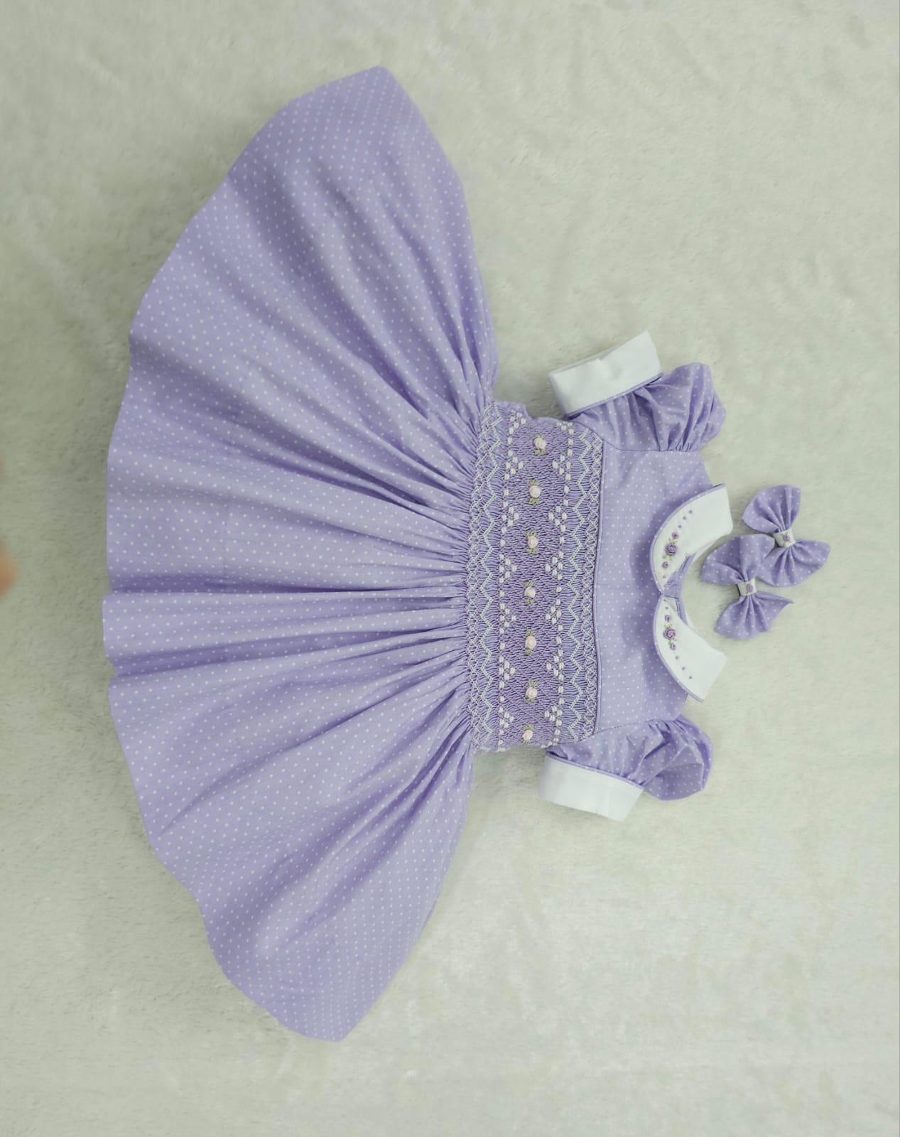 Lilac polkadot with white smocking