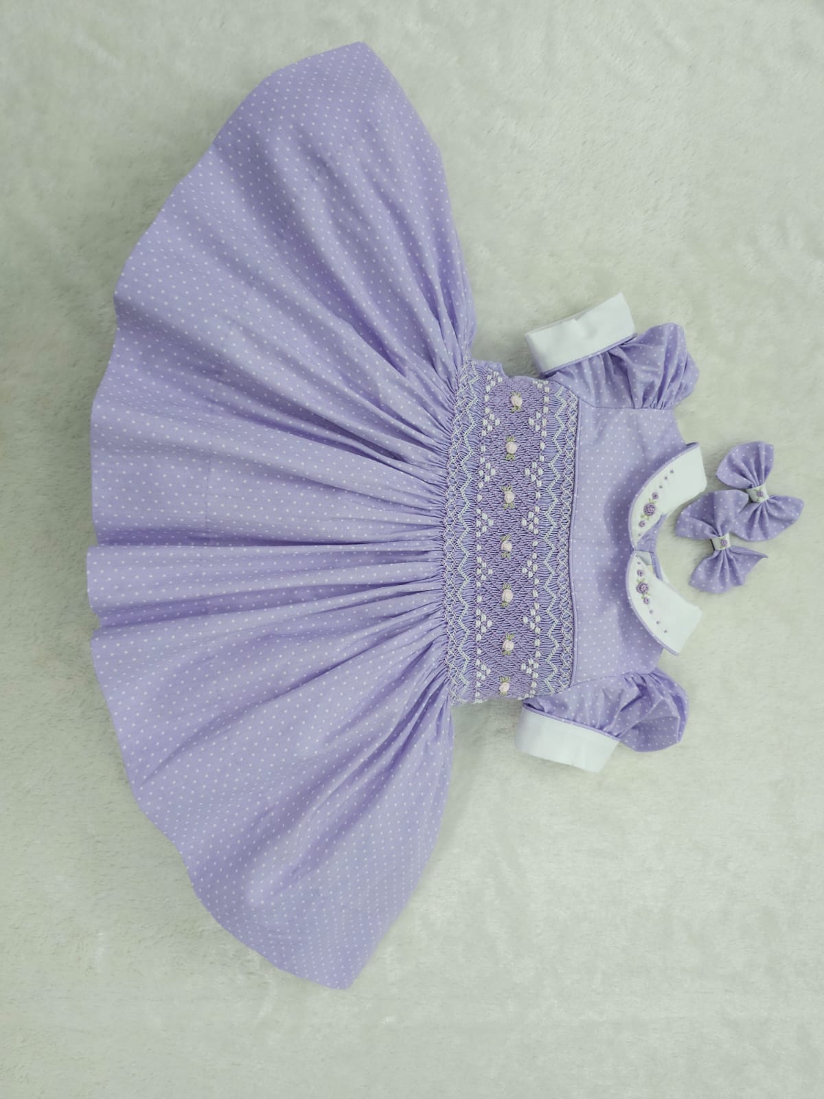 Lilac polkadot with white smocking