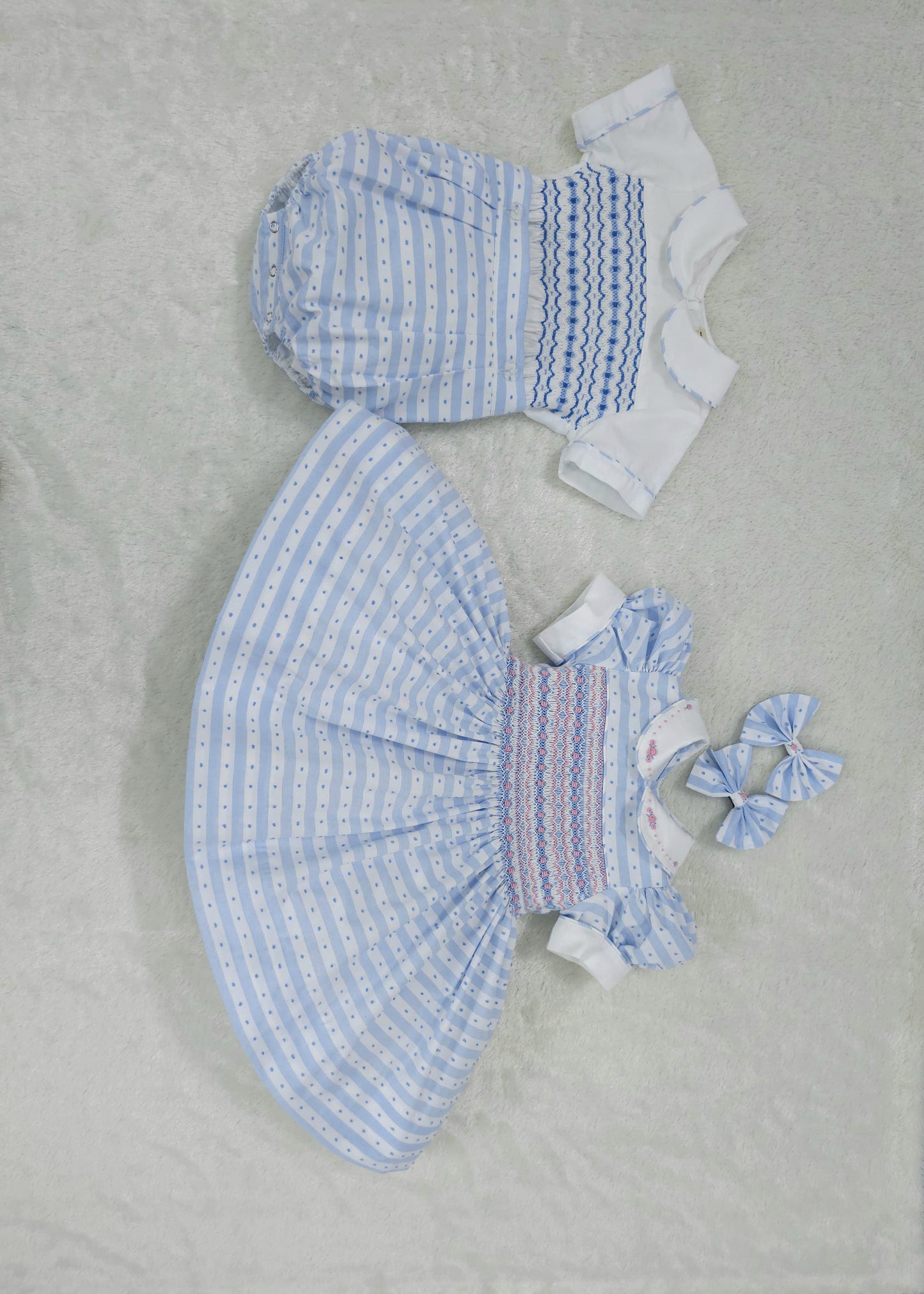 Baby blue stripe Swiss dot smocked dress ( got matching boys suit )