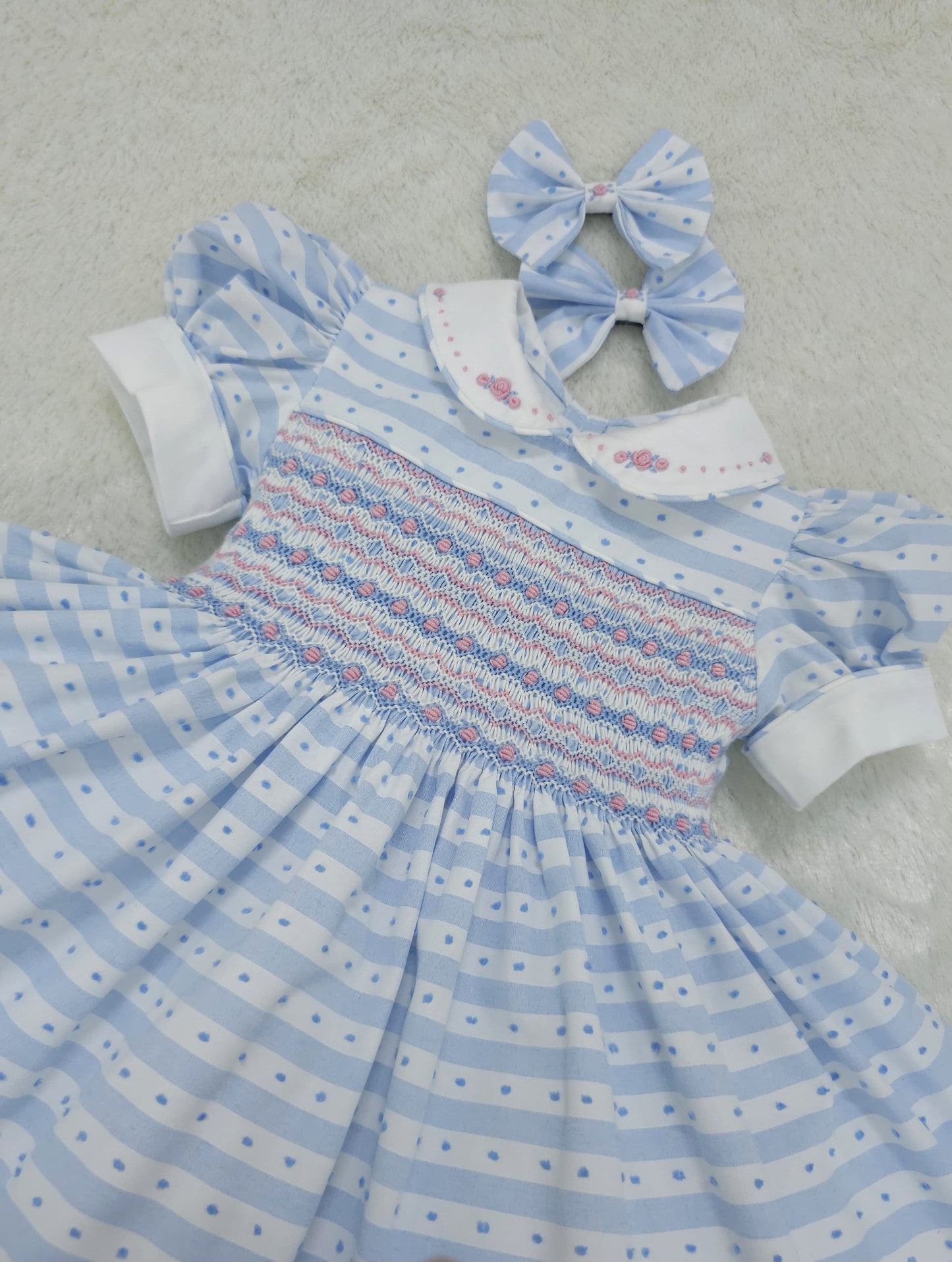 Baby blue stripe Swiss dot smocked dress ( got matching boys suit )