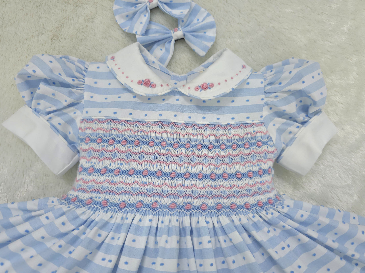Baby blue stripe Swiss dot smocked dress ( got matching boys suit )