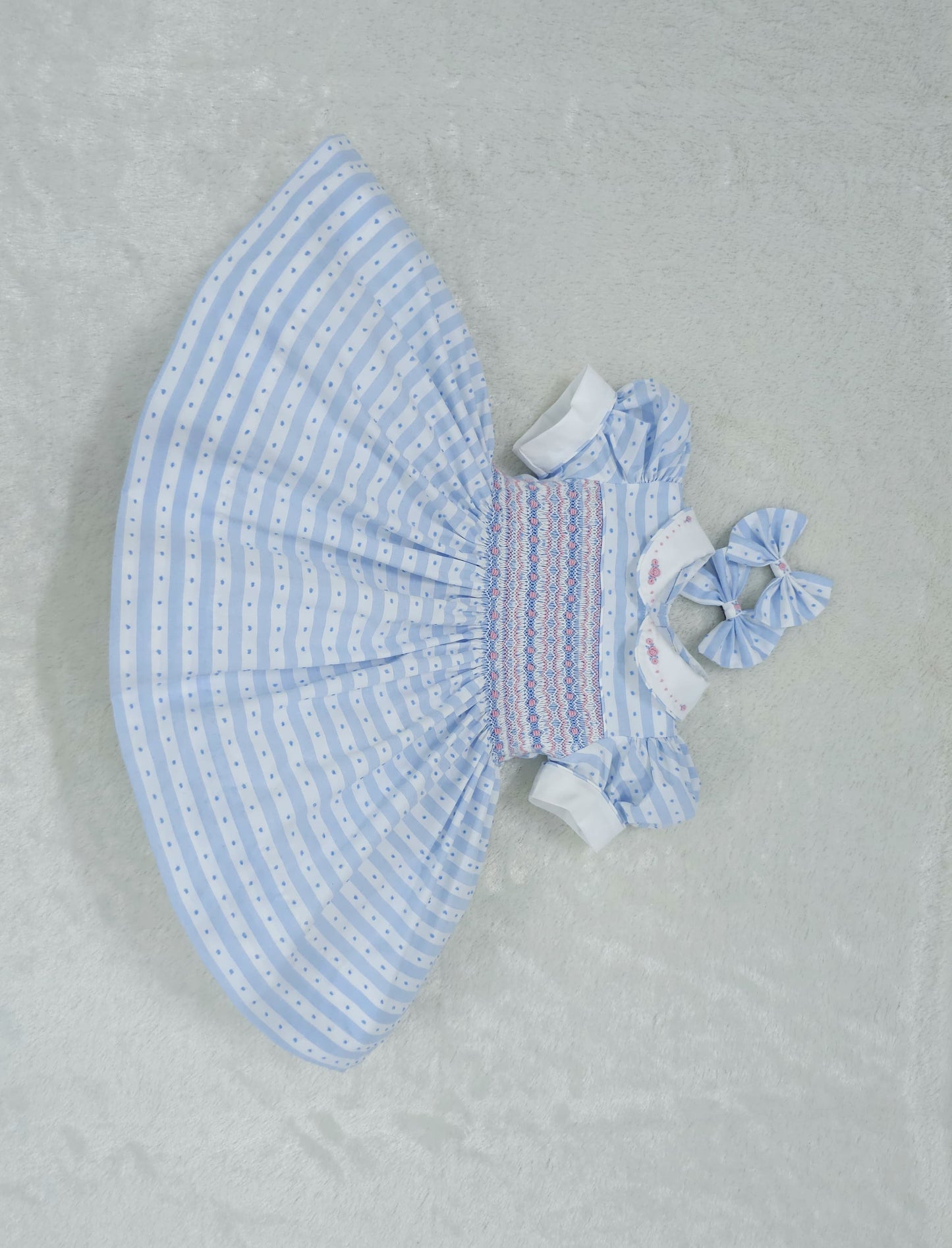 Baby blue stripe Swiss dot smocked dress ( got matching boys suit )