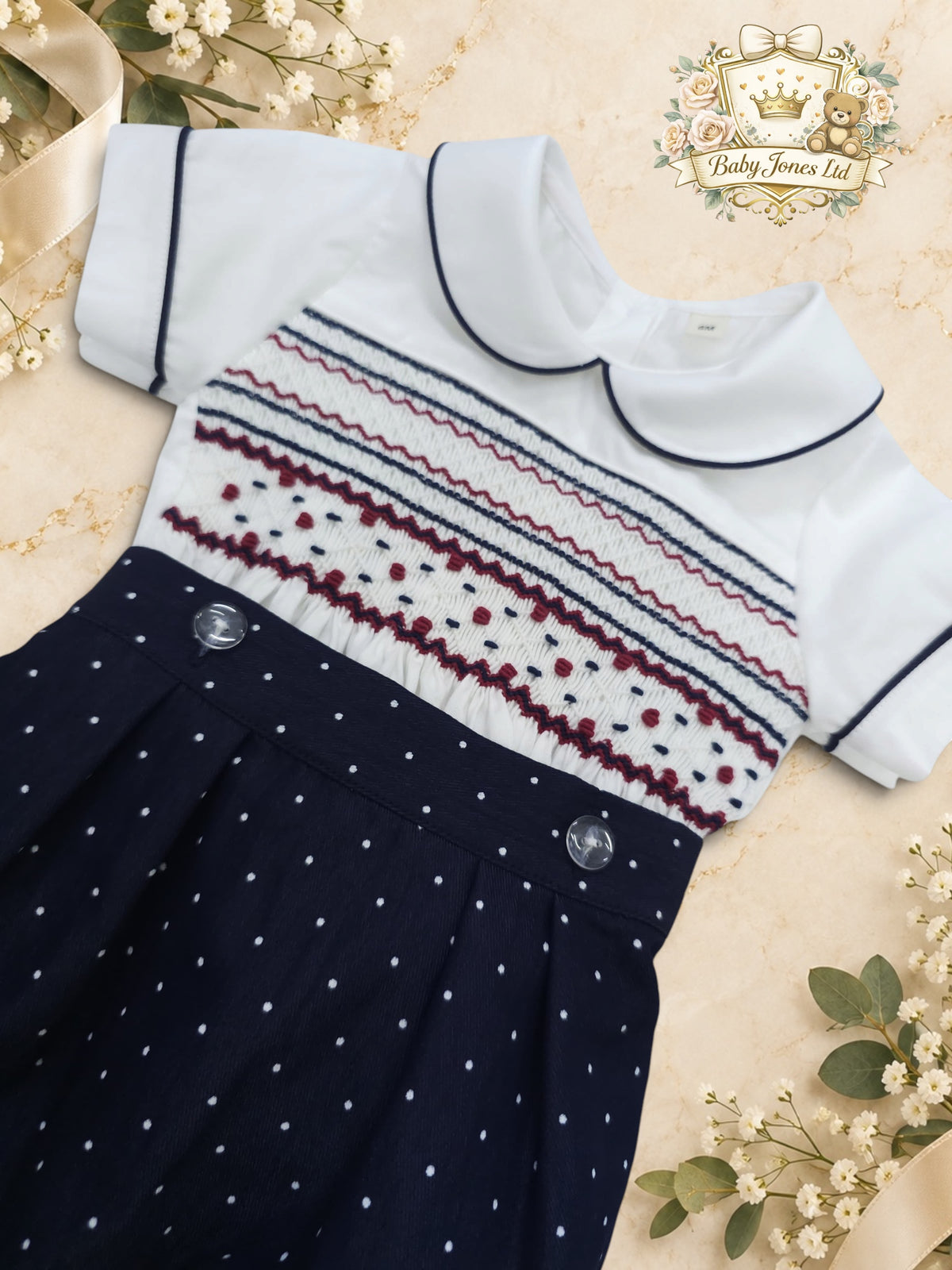 Boys Navy Hand-Smocked Romper Suit | Baby Jones Ltd