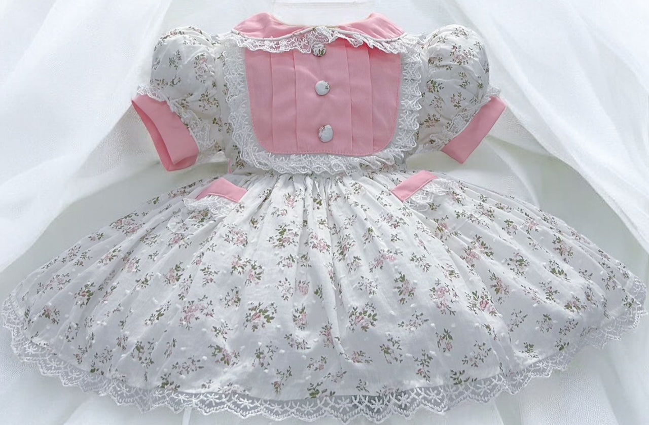 White swiss dot floral classic dress with lace trim