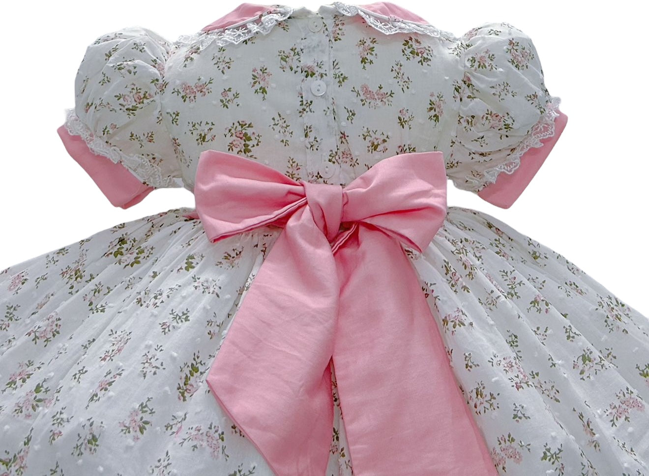 White swiss dot floral classic dress with lace trim