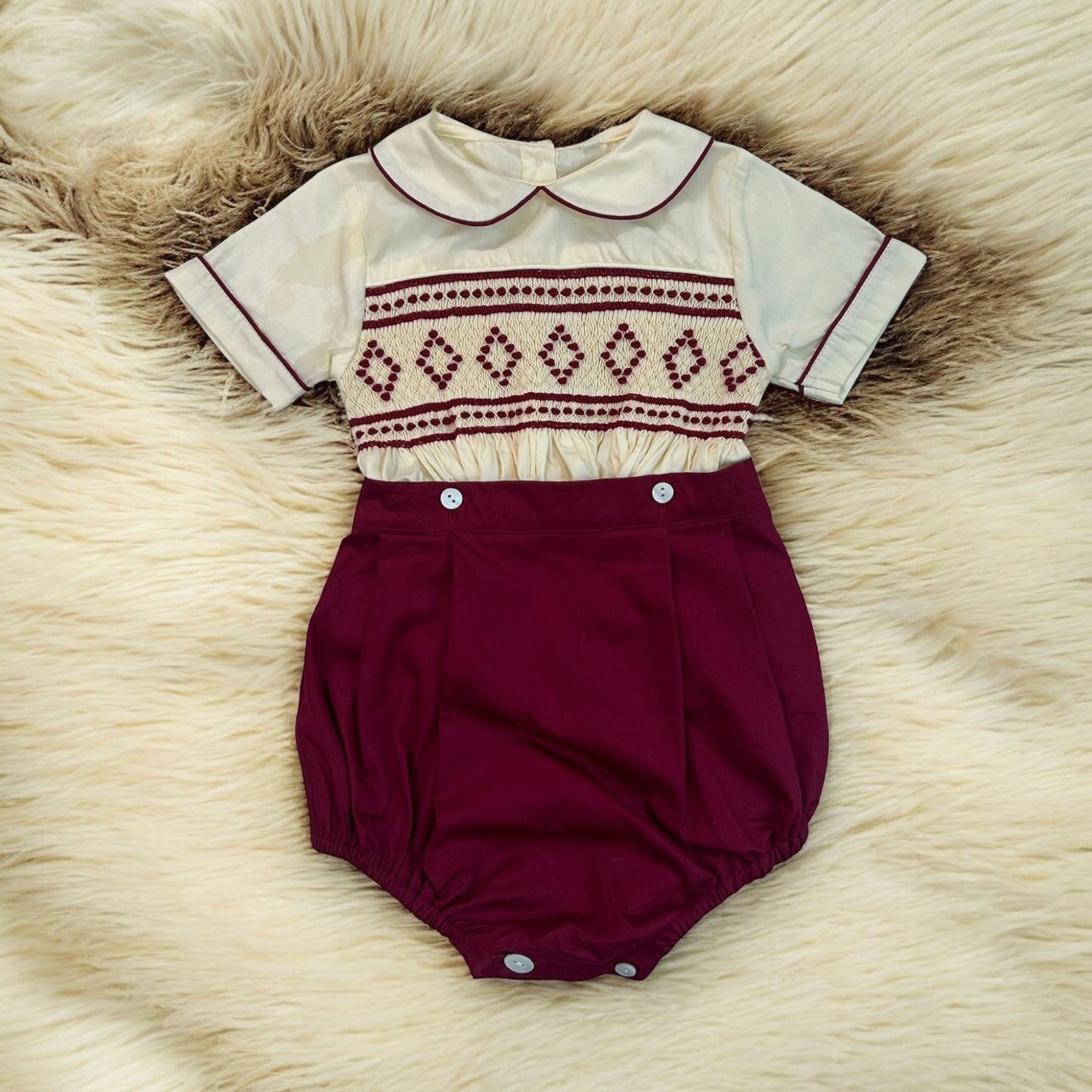 Burgandy and cream smocked boys suit ( got matching dress available )