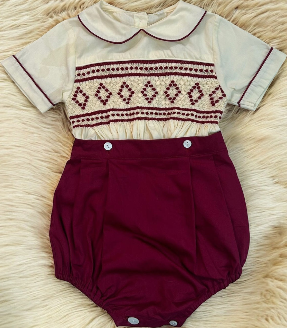 Burgandy and cream smocked boys suit ( got matching dress available )