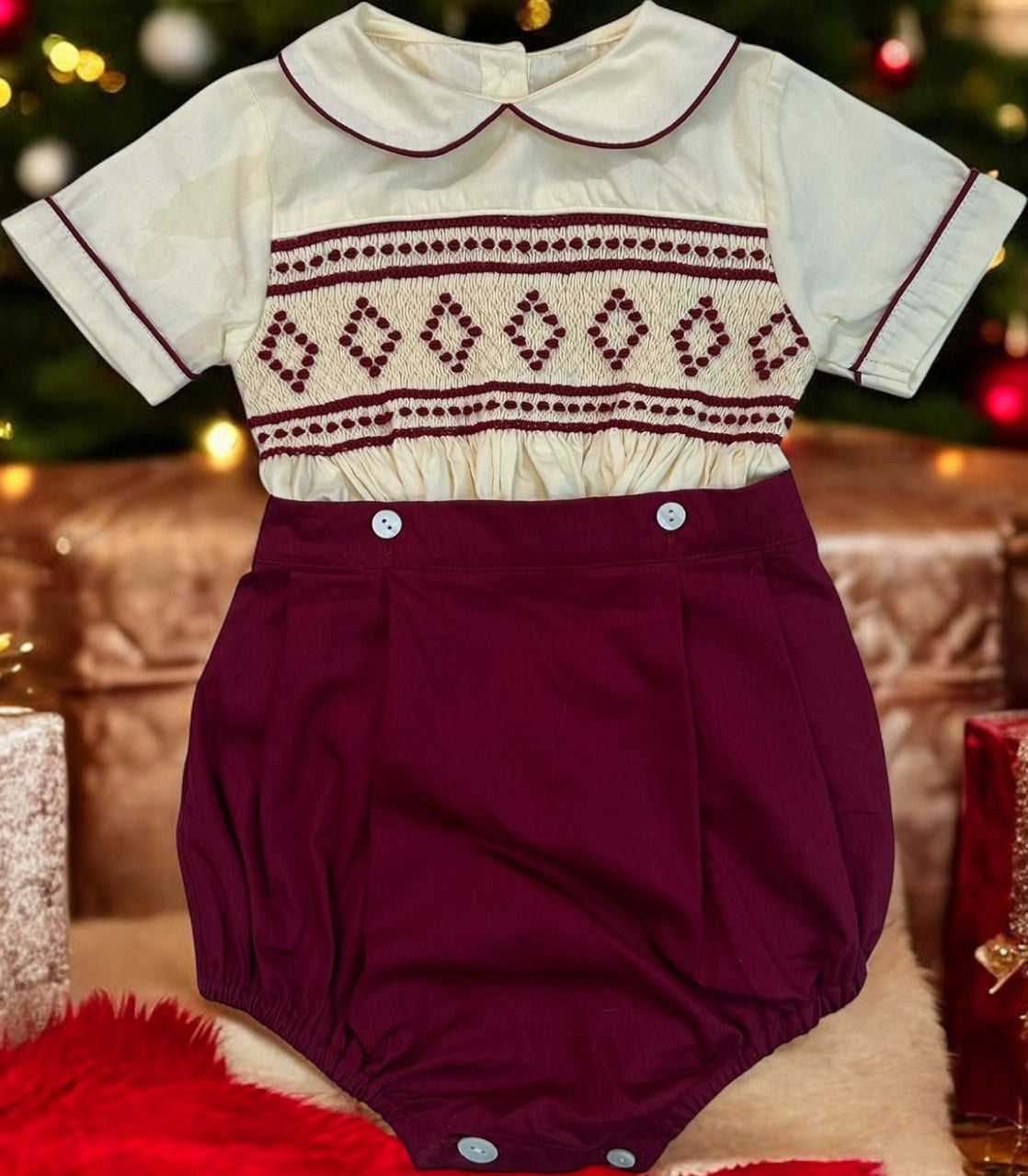 Burgandy and cream smocked boys suit ( got matching dress available )