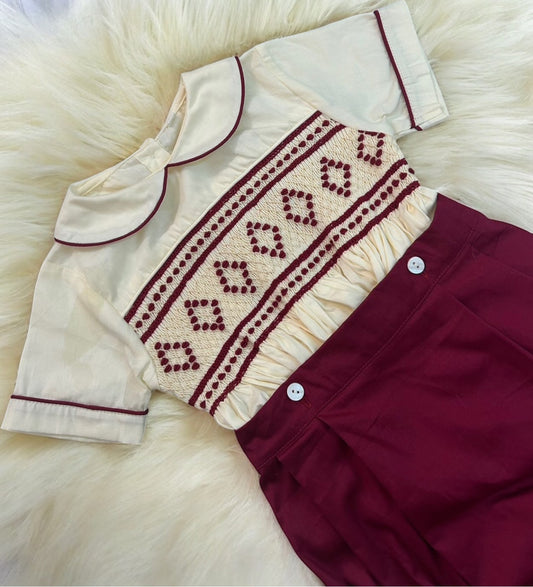 Burgandy and cream smocked boys suit ( got matching dress available )