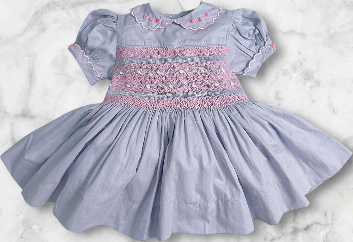 Grey dress with pink smocking ( got matching romper available as well )