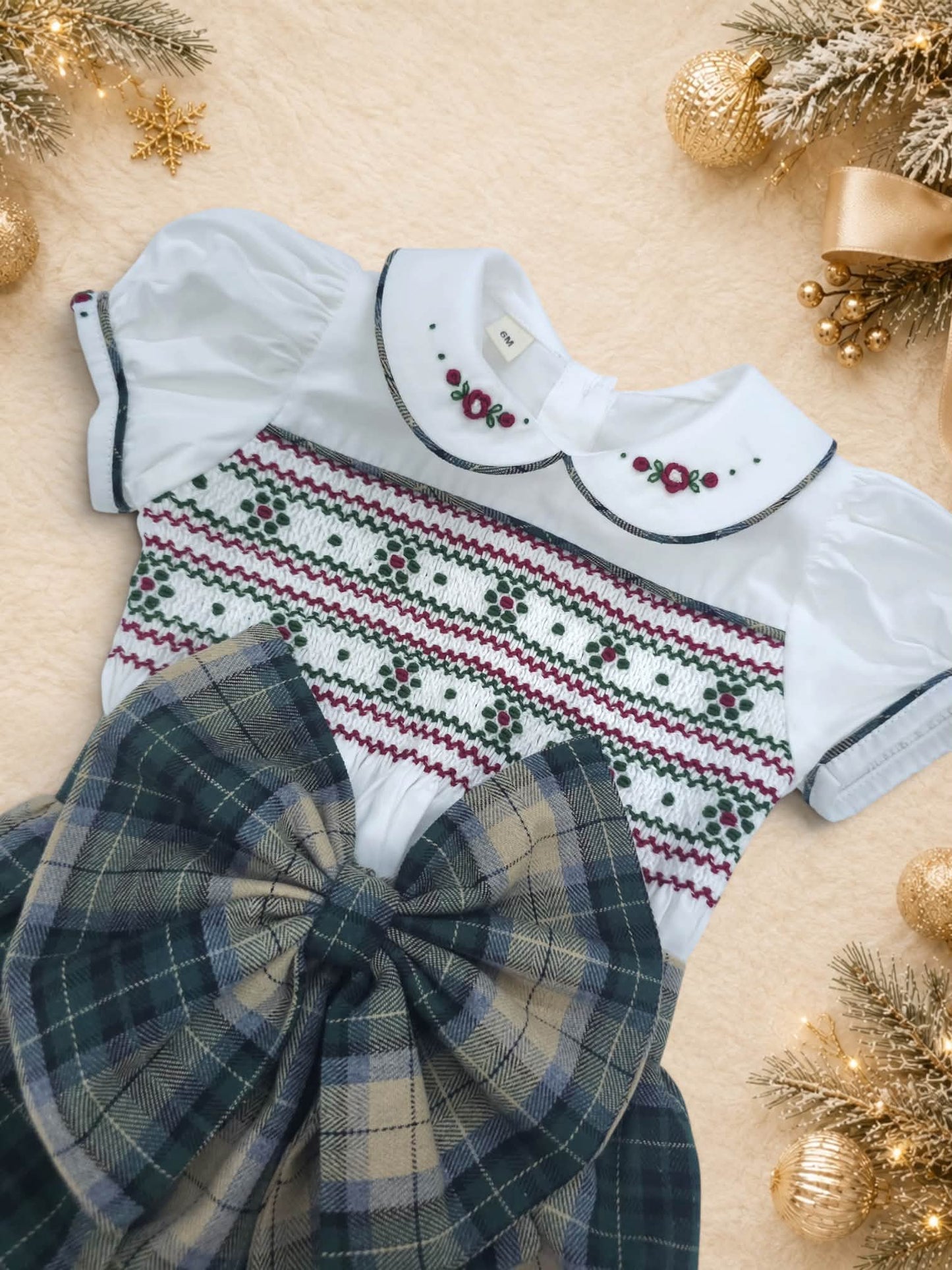 Tartan hand smocked girls romper
