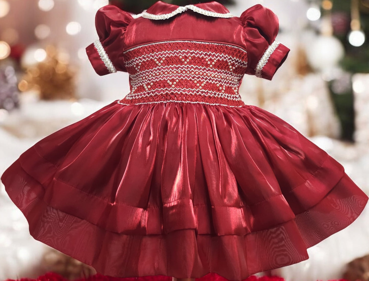 Silk Organza Burgandy smocked dress with pearls