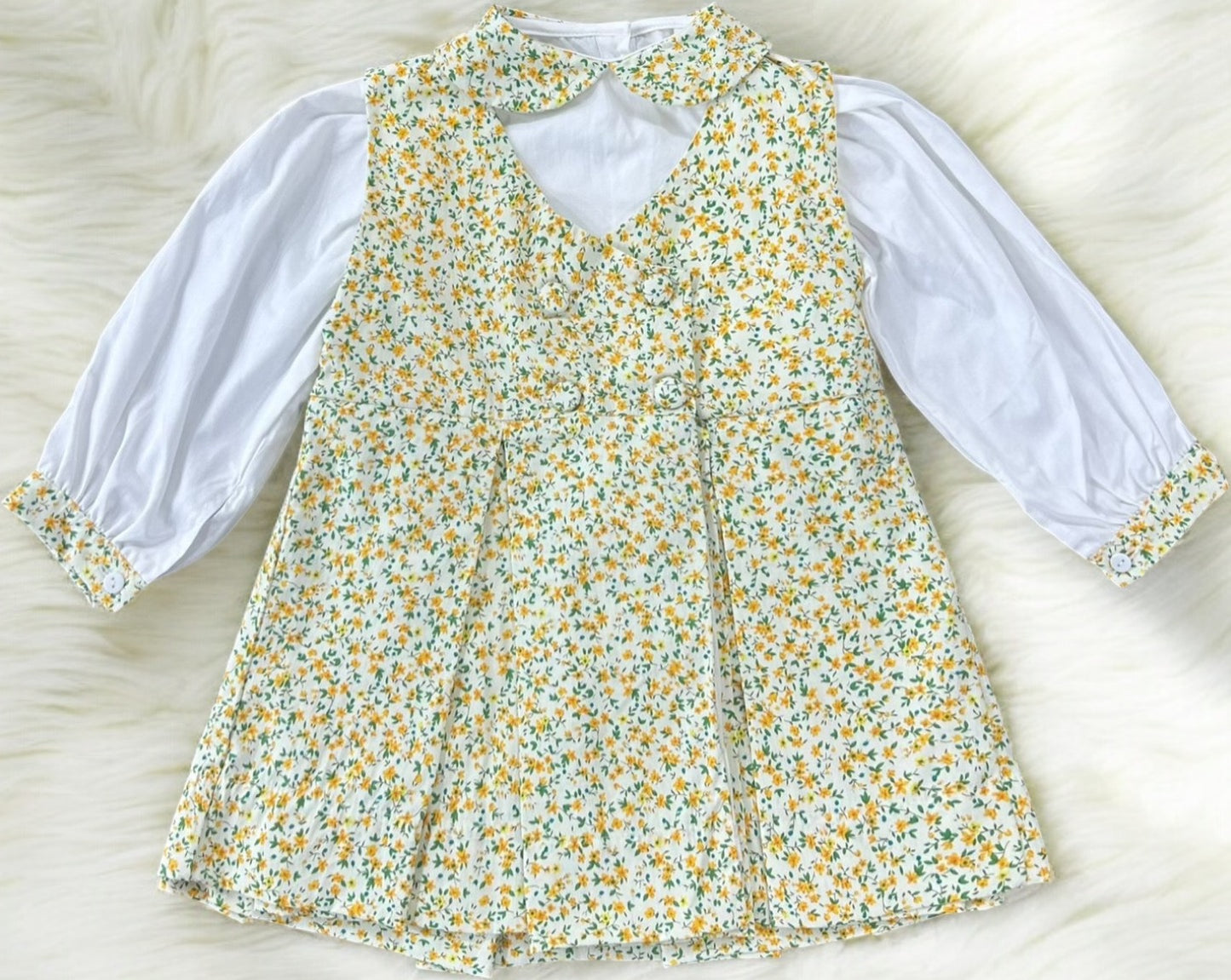 Yellow floral pinafore dress comes with hair bows