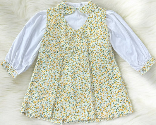 Yellow floral pinafore dress comes with hair bows