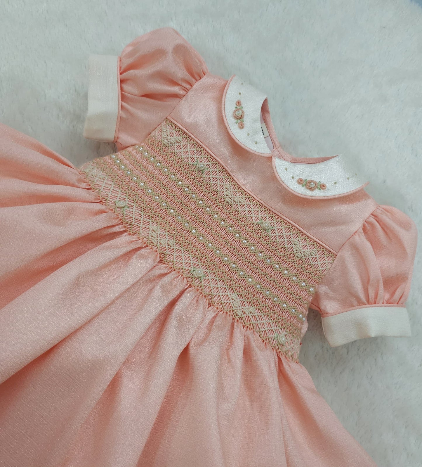 Peach taffeta shimmer smocked dress