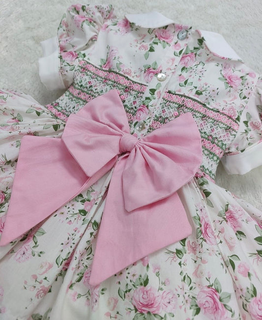 Floral dress smocked back & front with fixed bow at back