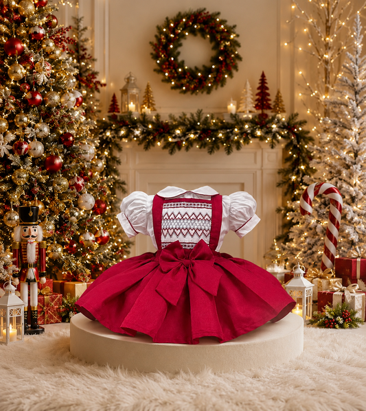 Red and silver taffeta Christmas pinafore