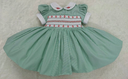 Green pinstripes smocked dress