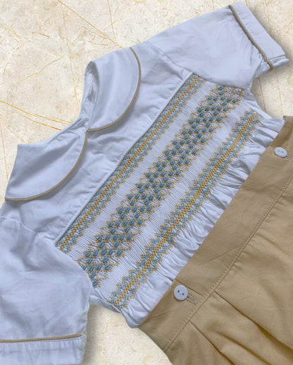 Tan with pastel blue smocking boys suit